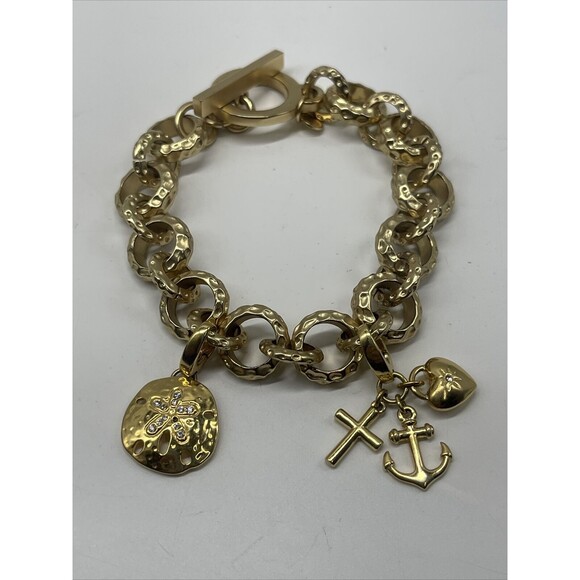 Spartina 449 Gold Tone Textured Round Link Bracelet With Two Charms - Picture 1 of 7